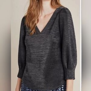 Anthropologie Black Puff Sleeve Fitted Blouse